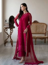 New Arrival Designer Georgette Red Suit Set Fancy Sleeve, Embroidery  Dupatta