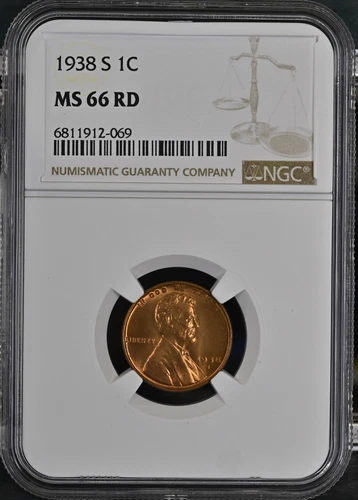 1938-S 1C RD  Lincoln Wheat One Cent NGC MS66RD   6811912-069