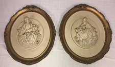 Pair ALEXANDER BACKER ABCO Chalkware Wall PLAQUE 3d Relief Colonial Man Woman