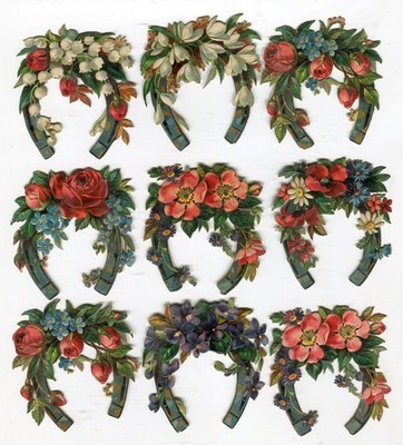 Oblaten scrap die cut chromo  Blumen Hufeisen  5,5 x 6 cm