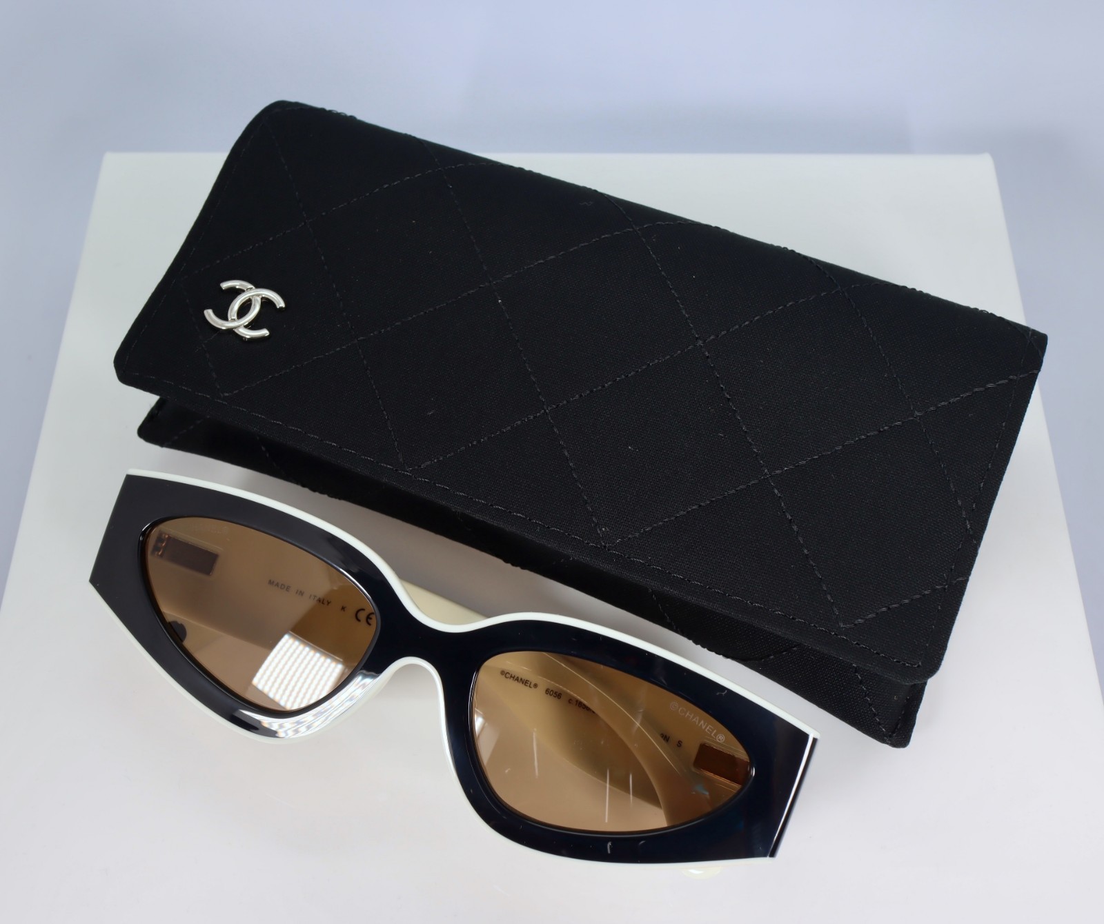 Chanel CH6056 54mm Cat Eye Sunglasses in Black and White with Beige Lenses