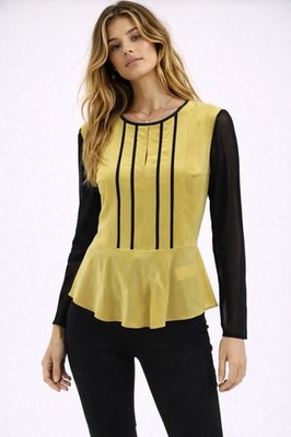 Hanii Y Peplum Blouse Size 38 US 6 Structured Contrast Sheer Sleeve Yellow Black