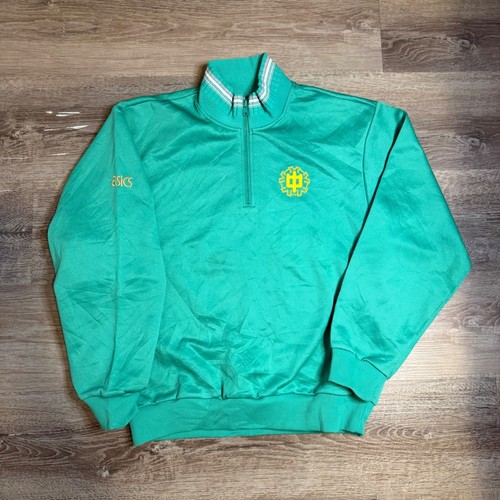 Asics, Vintage Asics Quarter Zip Pullover Green Yellow Graphic Mock Neck Sweatshirt