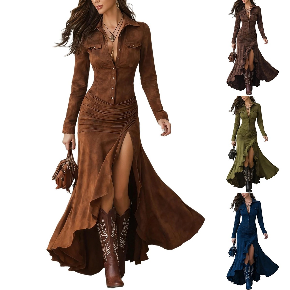 Victorian Dress Western Retro Dresses Womens Vintage Western Dresses, Suede V Neck Button Down Long Sleeve Victorian Dress Western Retro Dresses Womens Vintage Western Dresses, Suede V Neck Button Down Long Sleeve