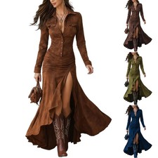 Womens Vintage Western Dresses, Suede V Neck Button Down Long Sleeve Maxi Dress