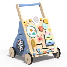 Wooden Baby Walker with Activity Center, Montessori Push Walker Toy for Babie...