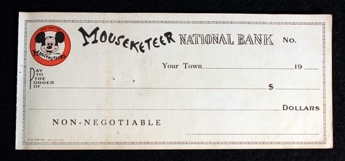 MICKEY MOUSE CLUB 1955 Vintage Mouseketeer National Bank Check Walt Disney Prod.