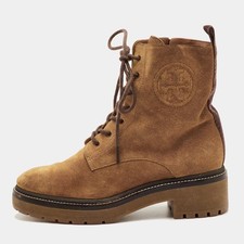 Tory Burch Miller Size 36.5 Tan Suede Lug Sole Lace Up Combat Boots