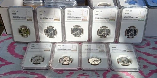 1956-1964  Proof Washington Silver Quarters NGC PF67 (9 QUARTERS)
