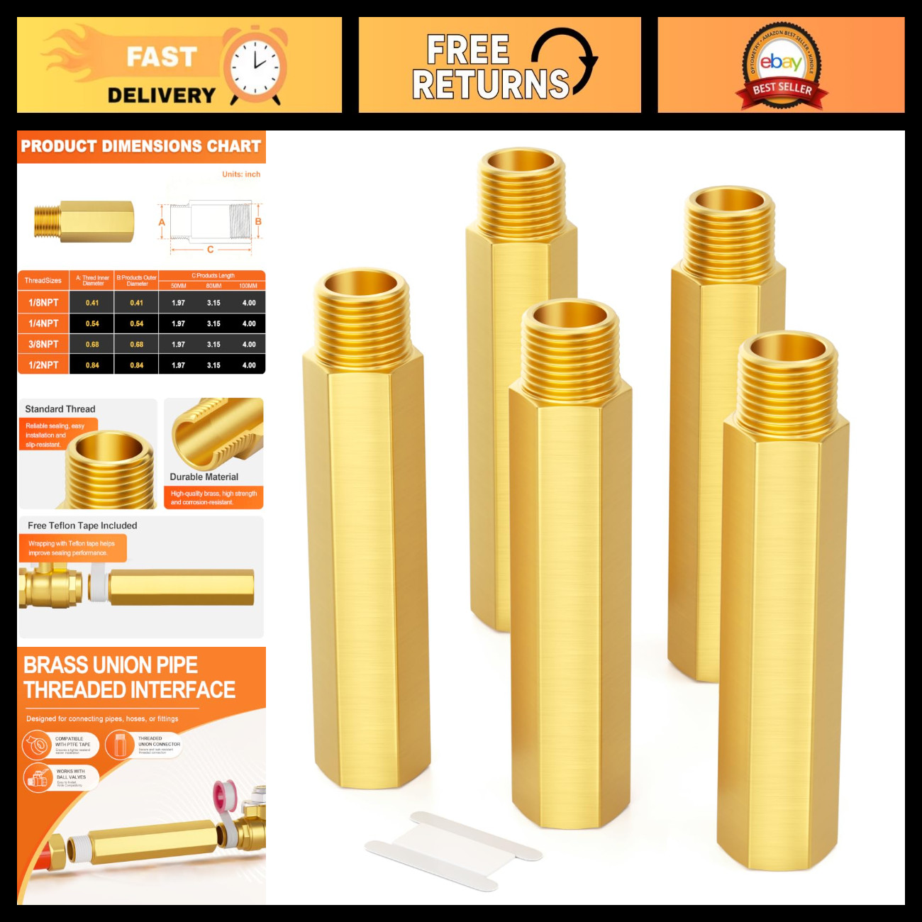 5PCS 1/8" NPT Brass Long Nipple Pipe Fitting - 4" Length, Durable & Versatile