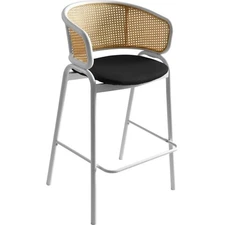 LeisureMod Ervilla Wicker Back and Leather Upholstered Bar Stool in Black/White