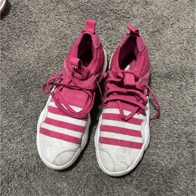 Trae young 2adidas Pink White Striped Mid Top Basketball Sneakers Lace Up 
