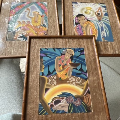 Frank McIntosh Hawaiian Prints Set 3 Framed Tiki Bamboo 1940 50s Matson Line MCM