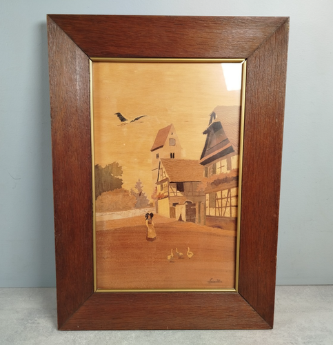 SPLINDLER TABLEAU Marqueterie Art Marquete Bois Paysage ALSACE Wolfisheim B6