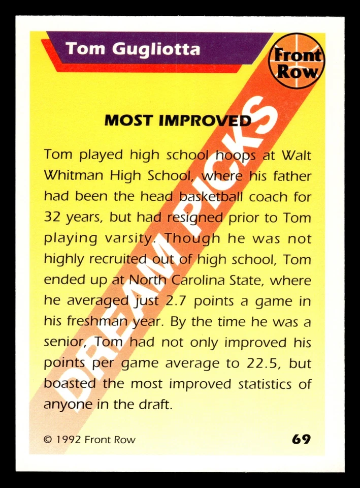 Tom Gugliotta 1992 Front Row Dream Picks #69 NC State Wolfpack - Image 2 of 2