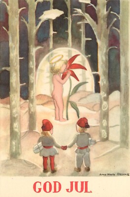 Postcard God Jul Halo Child Smells Poinsettia Pixies Watch A/S Anne Marie Olsson