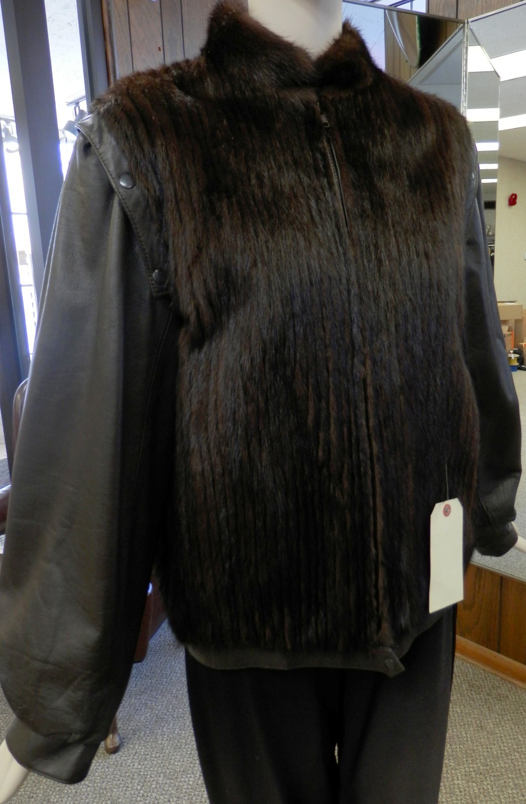 Corded Mink Fur Zip Jacket with Detachable Leather Sleeves Size 6-image