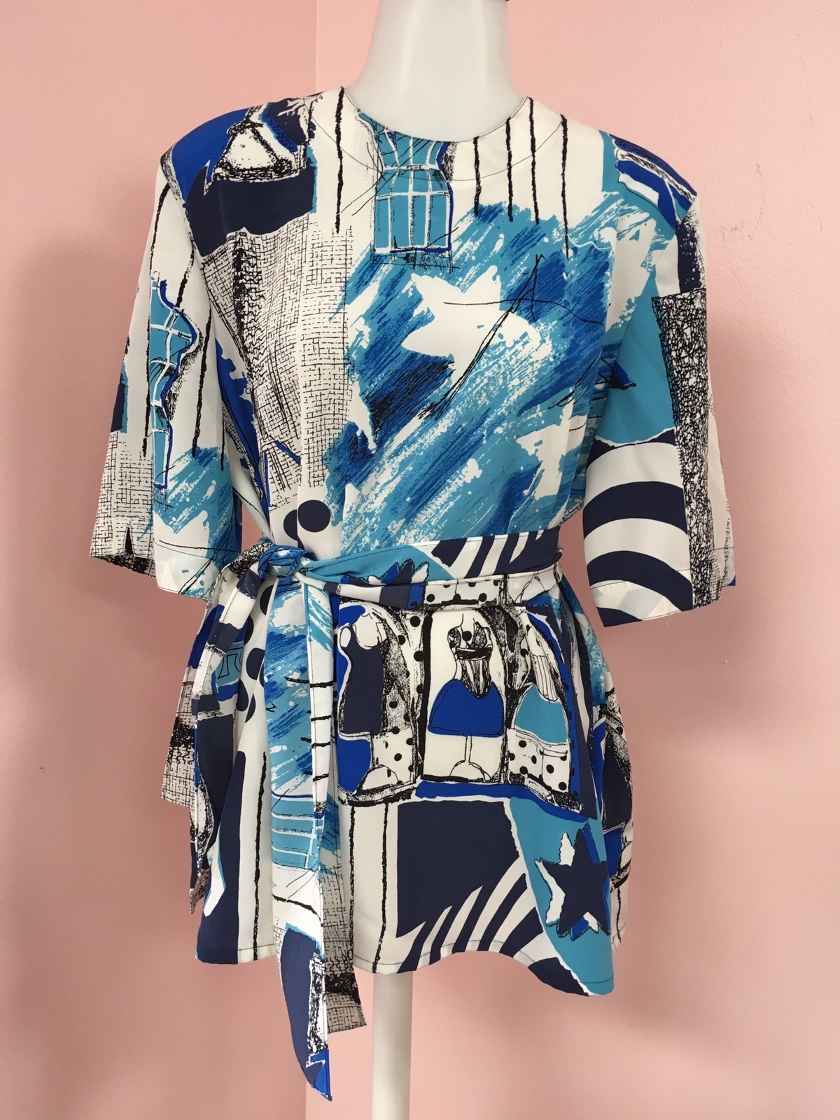 LOUIS FERAUD 8 10 Rare Fun Blue With Sash Women's Designer Vintage Blouse Top