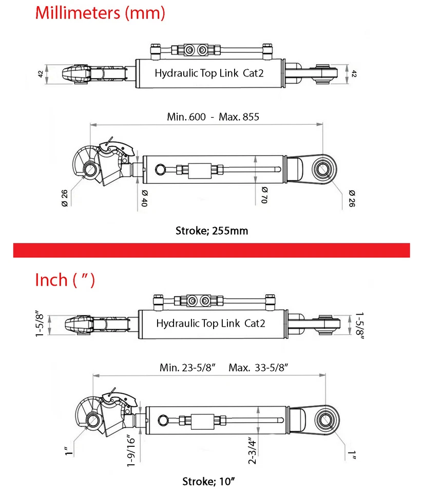 Hydraulic Top Link Cat 2+2 with Hook, 23-6"-33,65" / 8"Stroke with Valve+Hoses Foto 3 de 4