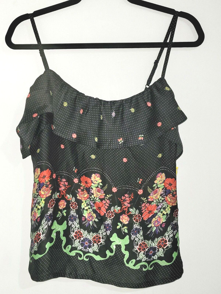 GRAB Black floral satin  frilled camisole top Sz M Ladies Will Fit Size 10 