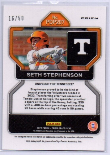 2022 Panini Prizm Entwurf orange, SETH STEPHENSON RC Auto/50, TN VOLS, Tigers - Bild 2 von 2