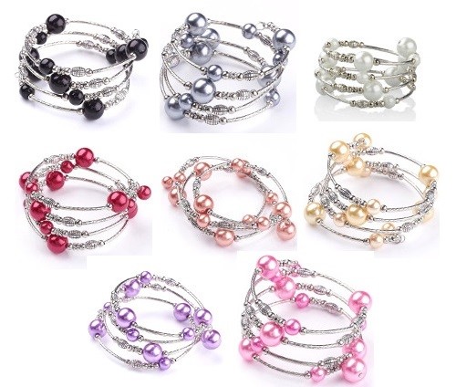 NEW Wholesale Lot 8 Adjustable Pearl Bead Silver Wrap Bracelets U PICK Color - Afbeelding 1 van 25