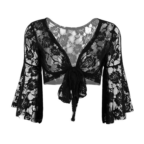 Women See Through Bolero Cape Bridal Lace Shawls Tie Front Shiny Wraps Clubwear - Foto 9 di 124