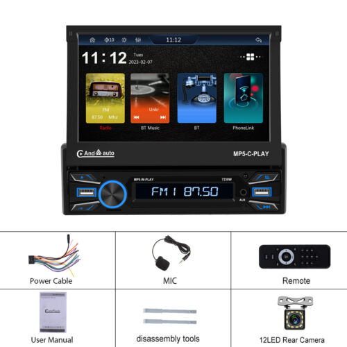 Radio estéreo para automóvil individual 1DIN 7" Apple Carplay Android pantalla abatible automática + cámara - Imagen 3 de 21