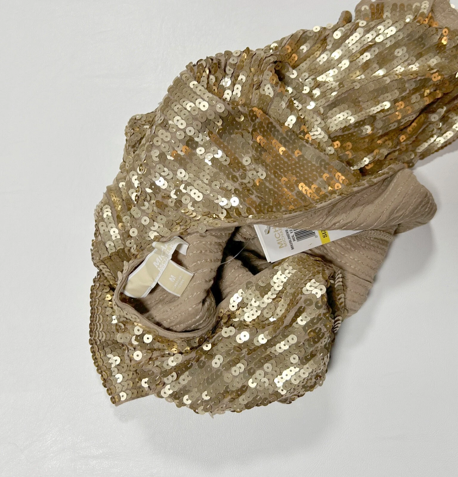 Abito Michael Kors nuovo con etichette paillettes oro aperto schiena dettaglio catena taglia media