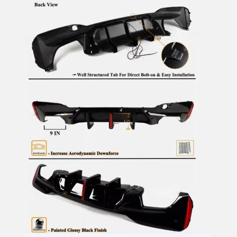 For BMW G30 17-23 G38 M5 Style Gloss Black Big Fin LED Rear Bumper Diffuser Kit - Изображение 3 из 4