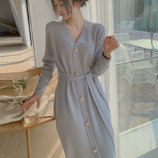 Abito Midi In Maglia Donna Manica Lunga V-Neck Con Cintura Elegante Casual