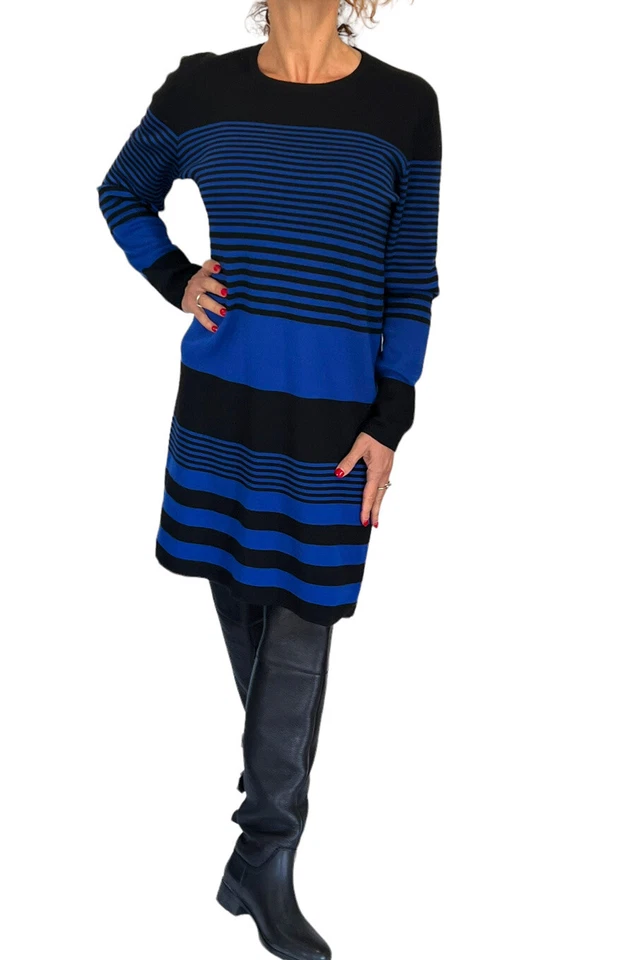 Vestido Suéter Michael Kors RUNWAY Rayas Negro Azul Real Lujo Cachemira L Foto 2 de 4