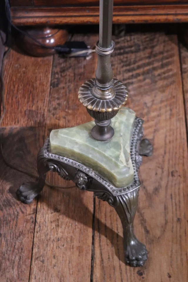 Ornate vintage parlor floor lamp with paw foot and lions head accents, green sto - Image 2 of 4
