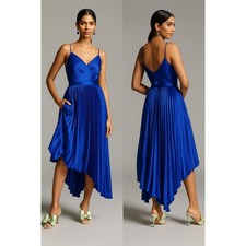 Mac Duggal Satin Surplice V-Neck Sleeveless Flowy Pleated Midi Dress Size 2 UB