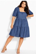 City Chic Dress Women XXL 24 Denim Tier Puff Sleeve Blue Square Neck HH