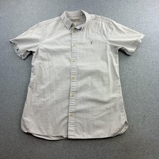 AllSaints Shirt Mens Small Beige Solid Short Sleeve Button Up Logo Casual Adult