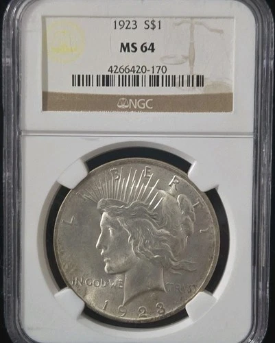 1923 P Peace Dollar Graded MS64 by NGC, 90% Silver Dollar $1