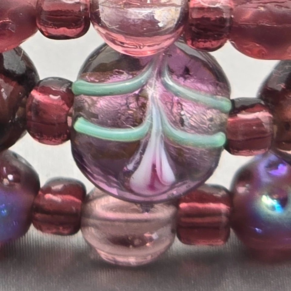 Pulsera de Colección Plata de Ley Púrpura AB Hoja de Cristal y Cuentas Florales 7.5"   Foto 3 de 4