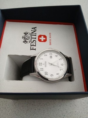 Festina F200071 Mens Black Leather Strap Silver Analog Dial Swiss Made Watch