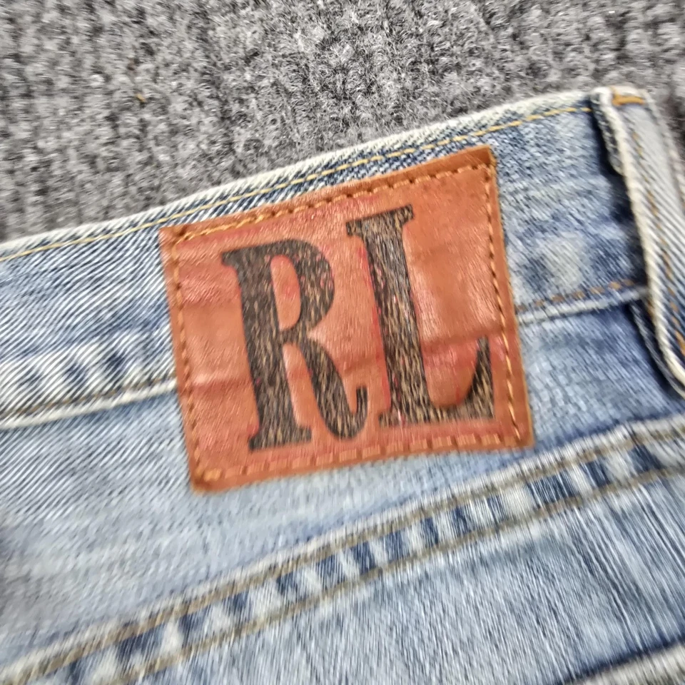 Pantalones de mezclilla Ralph Lauren para hombre 34x32 azul corte bota desgastados lavado claro desteñido RL Foto 4 de 4