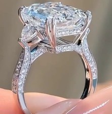 5.23 CT Emerald Moissanite Three Stone Engagement Ring in 14K White Gold Plated