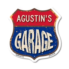 Agustin's Garage Shield Shaped Sign Weather Resistant Crafted in the USA