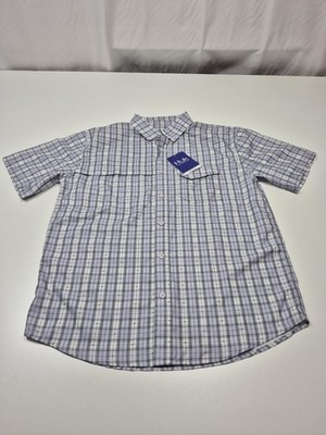 Huk Men's Tide Point Fish Plaid Short Sleeve shirt Medium Blue NWT