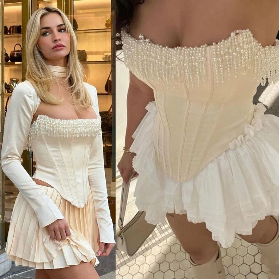 House of CB Aubrie 复古奶油色装饰缎面串珠紧身胸衣上衣 XS 码全新带标签 — 第 2/4 张图片