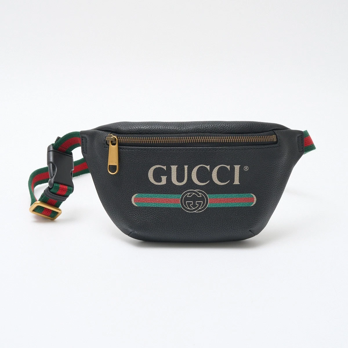 Petit sac ceinture cuir imprimé GUCCI 527792 corps toile noir bande toile or 