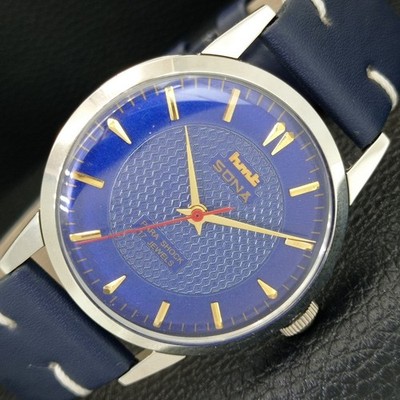 VINTAGE HMT SONA HAND-WINDING INDIAN MENS BLUE COLOR DIAL WATCH a444032-1