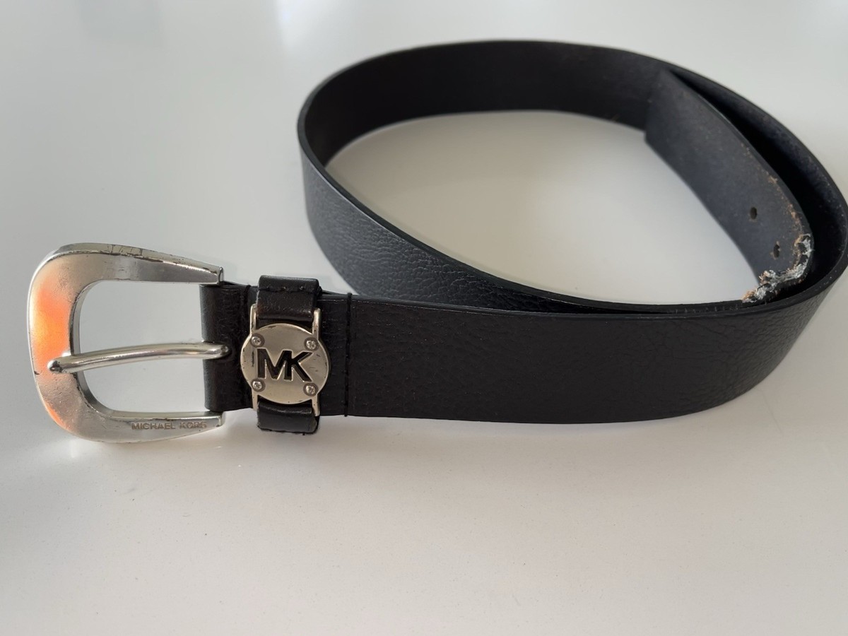Michael Kors Black Leather Belt 554749 Size Medium Silver MK 
