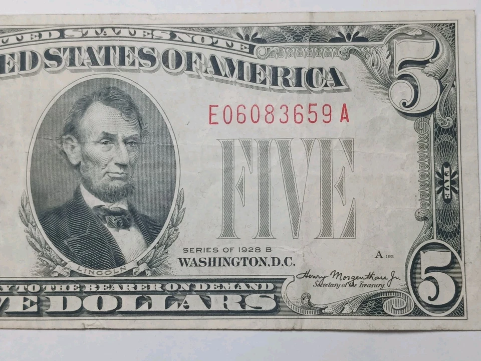 1928 B Red Seal $5.00 Dollar  United States Note  - Nice VF-XF Condition - Image 4 of 4