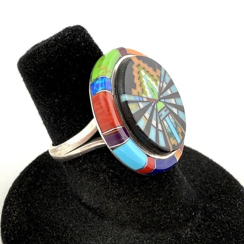 Southwestern Inlaid Torch Sterling Silver Ring Micro Mosaic Multi Stone Sz 6 - Picture 2 of 10