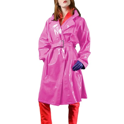 Women Shiny Long Sleeve Loose Trench Coat Nightclub Fashion PVC Leather Jacket - Picture 3 of 8